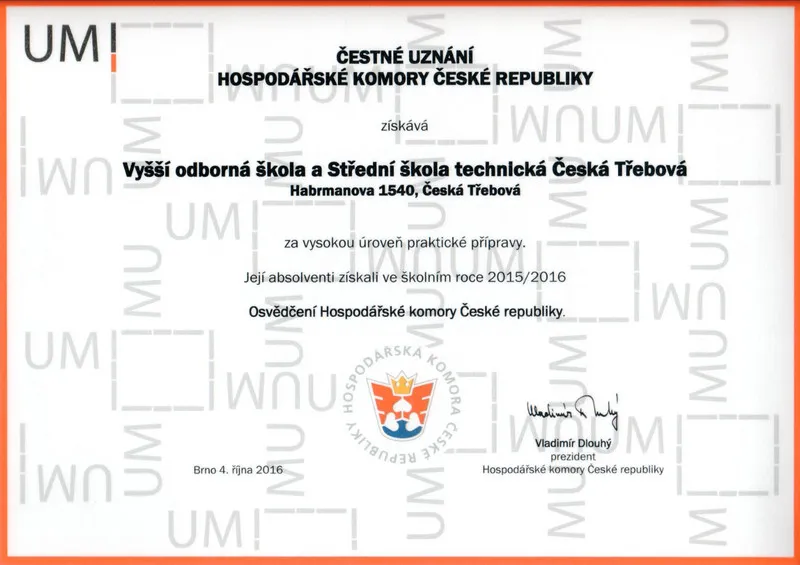 Hospodářská komora ČR ocenila VOŠ a&nbsp;SŠT Česká Třebová