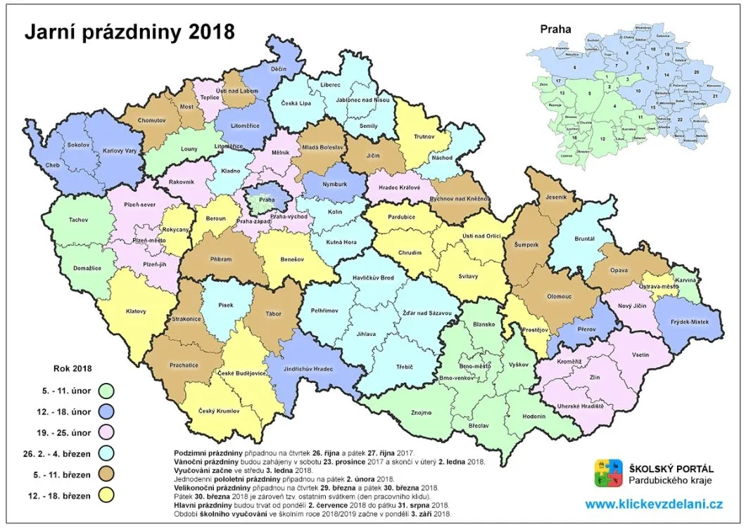 Termíny jarních prázdnin 2018 – rozdělení ČR podle okresů
