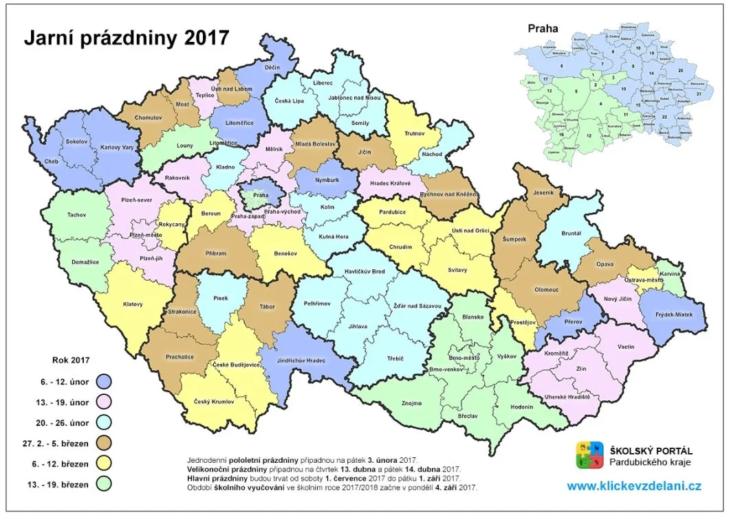 Termíny jarních prázdnin 2017 – mapa