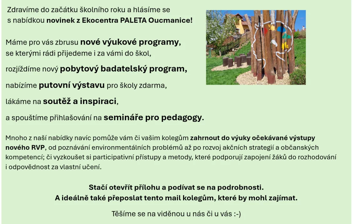 Nabídka z&nbsp;Ekocentra PALETA Oucmanice pro školní rok 2025/2026