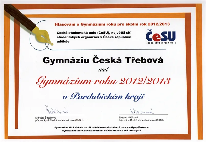 Gymnázium Česká Třebová se pyšní titulem Gympl roku 2012/2013 v&nbsp;Pardubickém kraji
