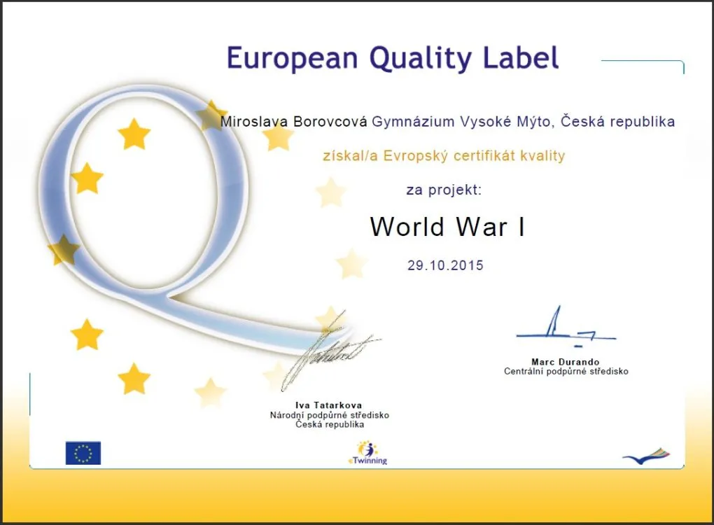 Evropské certifikáty kvality uděleny studentům Gymnázia Vysoké Mýto