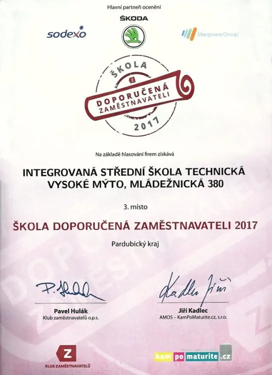 ISŠT Vysoké Mýto je „Škola doporučená zaměstnavateli“ za rok 2017
