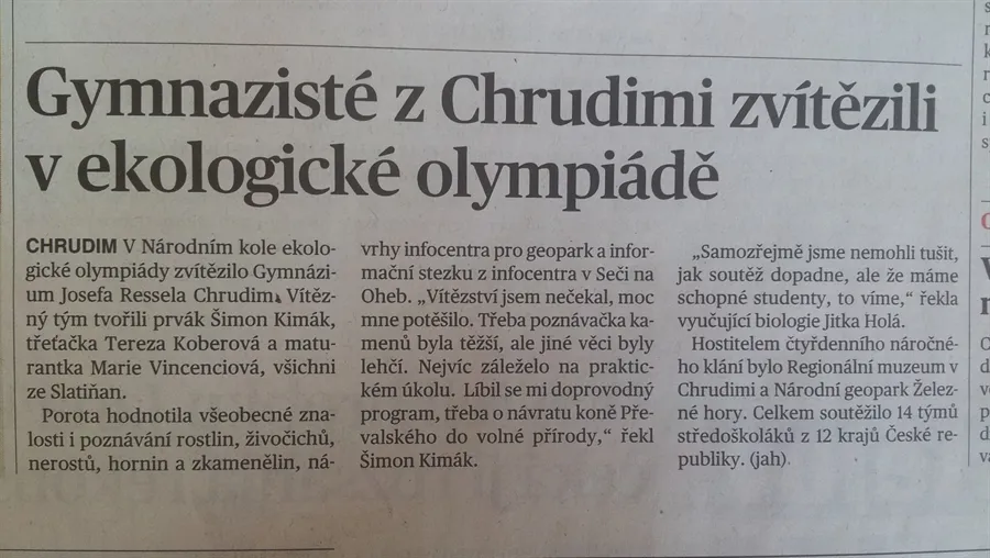 Vítězství v&nbsp;národním kole Ekologické olympiády patří chrudimským gymnazistům