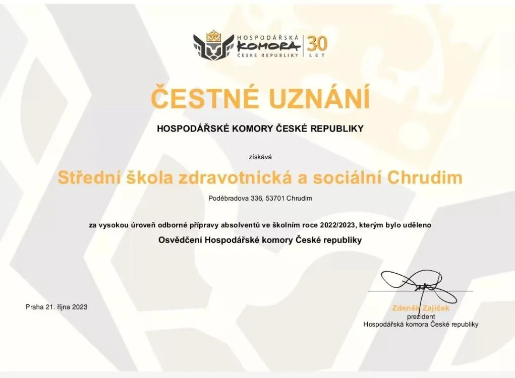 Střední škola zdravotnická a&nbsp;sociální získala čestné uznání Hospodářské komory České republiky