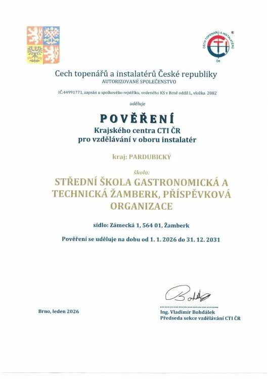 SŠGT Žamberk obhájila pověření Krajského centra CTI ČR pro vzdělávání v&nbsp;oboru instalatér