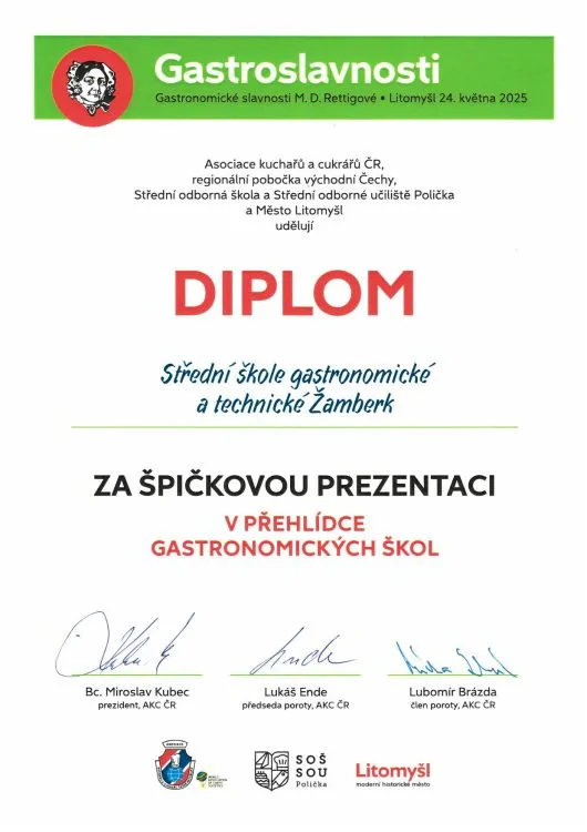 Diplom z&nbsp;Gastroslavností 2025 pro SŠGT Žamberk