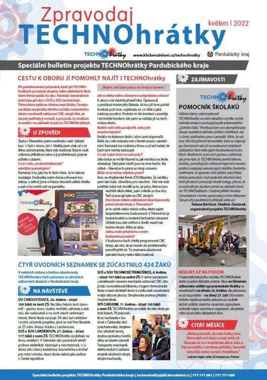 Květnový zpravodaj TECHNOhrátek přináší zajímavé informace