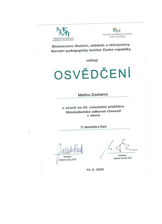 M. Zouhar ze svitavské OA na 4.&nbsp;místě v&nbsp;národní přehlídce prací SOČ