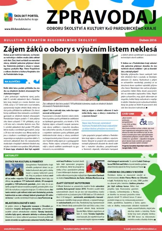 Zpravodaj Odboru školství a&nbsp;kultury Krajského úřadu Pardubického kraje – Duben 2016