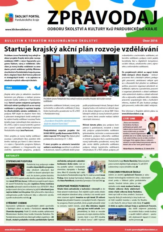 Zpravodaj Odboru školství a&nbsp;kultury Krajského úřadu Pardubického kraje – Únor 2016