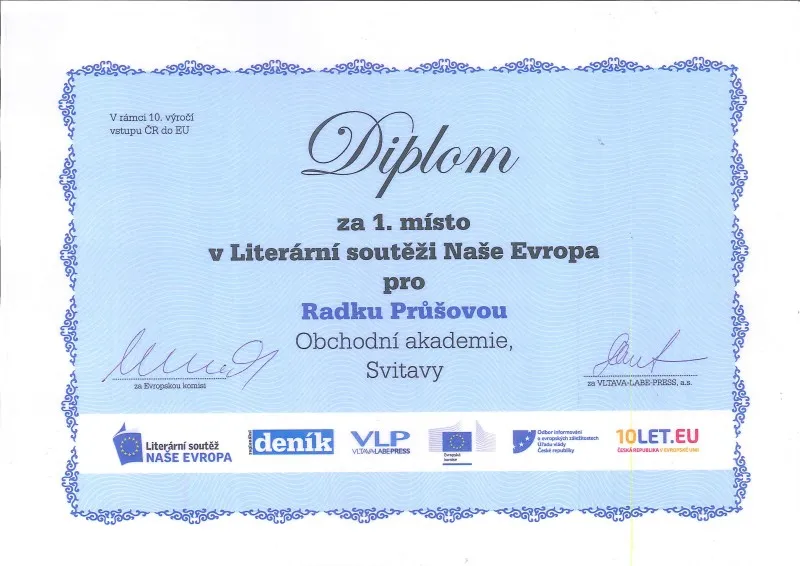 Studentka OA Svitavy úspěšná v&nbsp;literární soutěži Naše Evropa